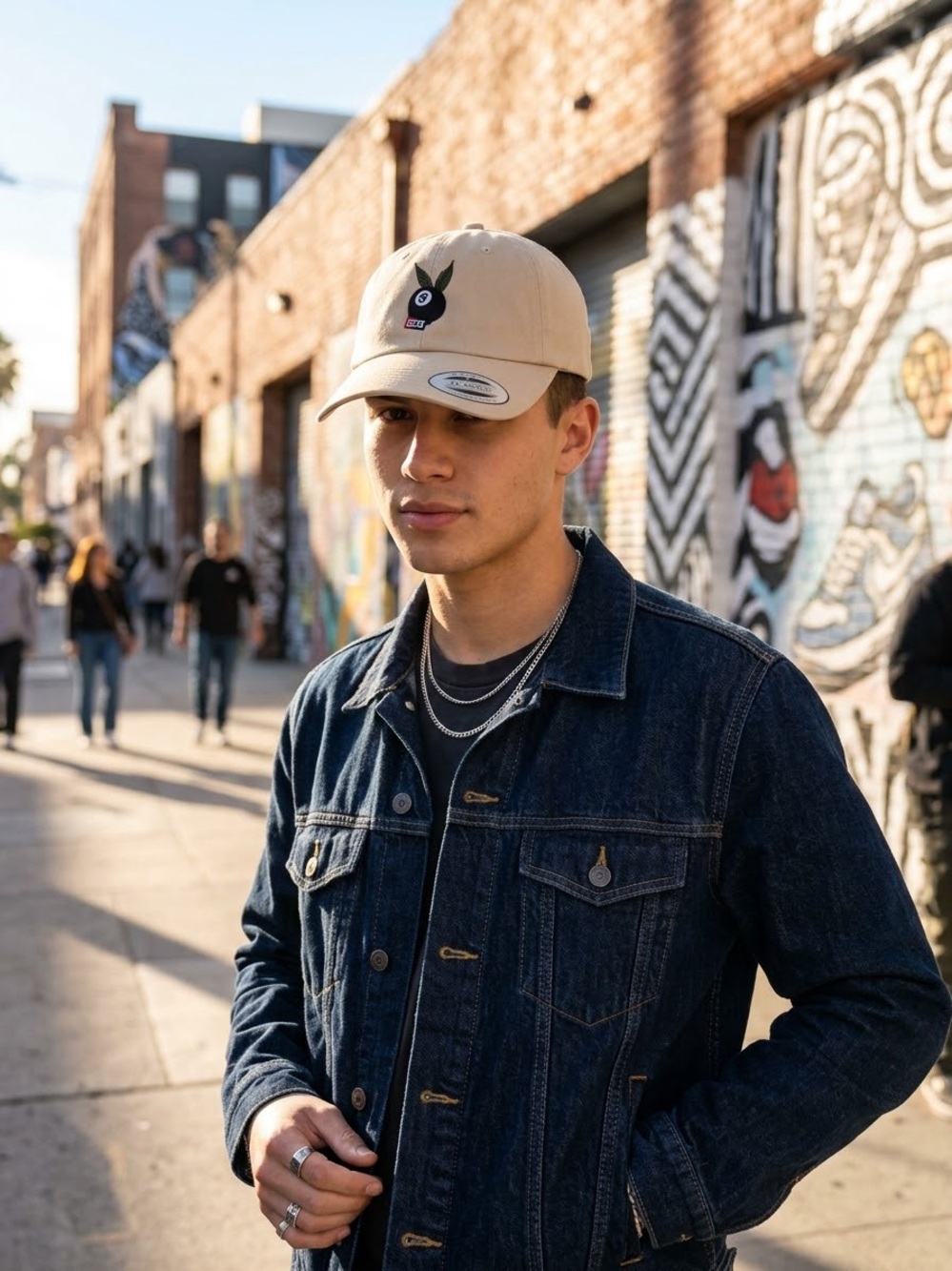 HUF Beige Baseball Cap with Black 8-Ball and Green Leaf Patch